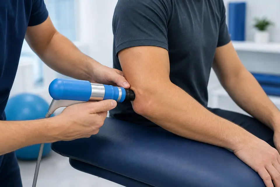Aplicação da terapia por ondas de choque na região do cotovelo